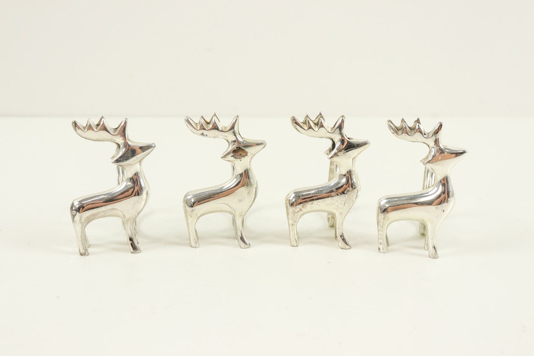 Set of 4 Reindeer Napkin Rings, Silver Reindeer Napkin Rings for