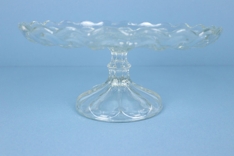 Vintage Glass Cake Stand Pedestal 10" Scalloped Edge, Pressed Glass Cake Plate image 6