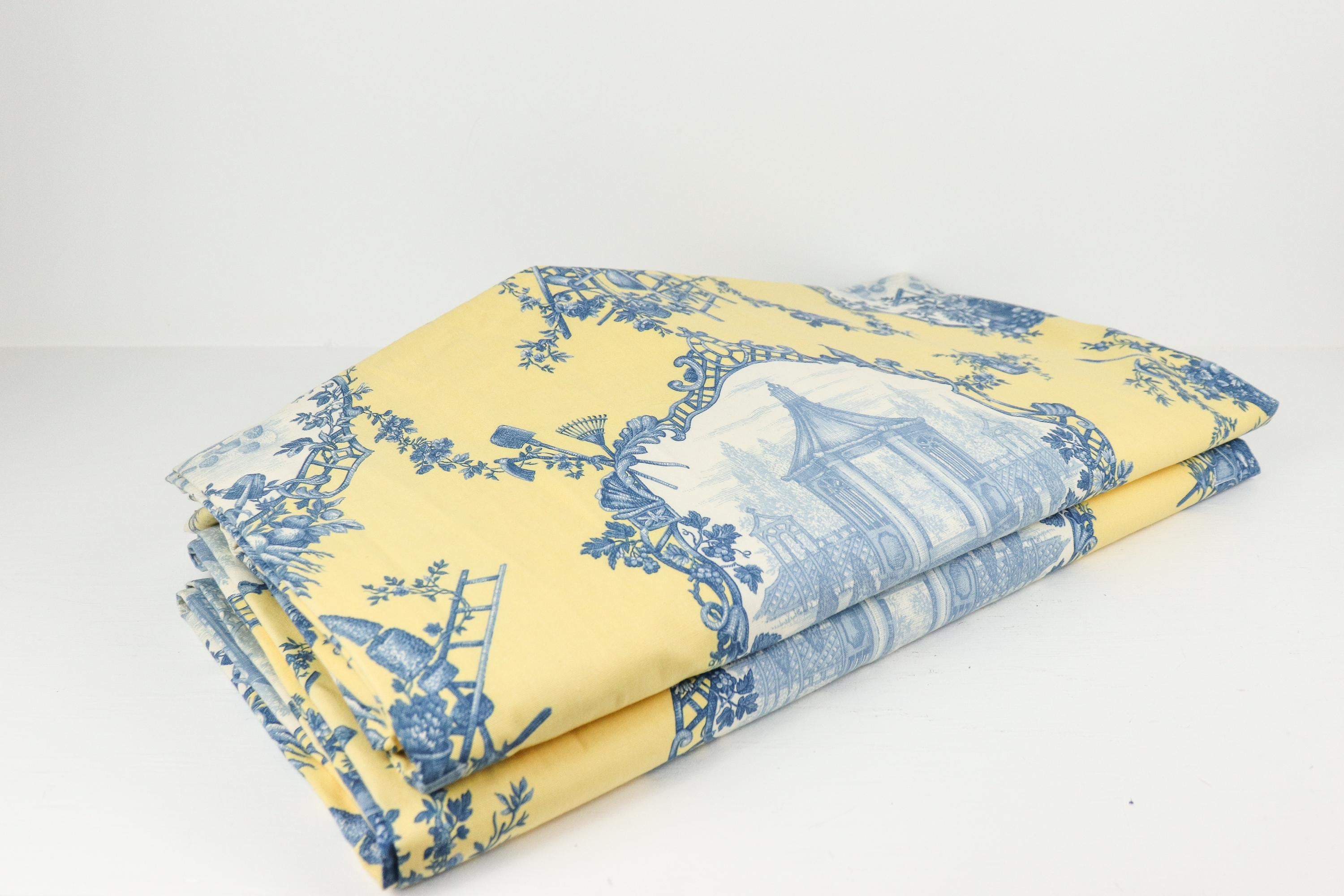 Set of 2 Yellow and Blue Chinoiserie Style Curtains 86" Long, Pair of Curtains
