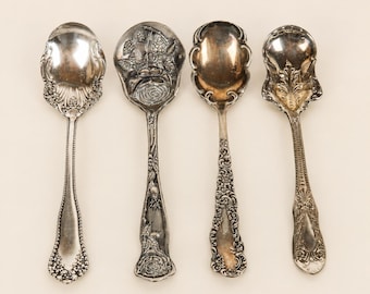 Vintage Silverplate Sugar Shells & Spoons Set of 4, Collection of Ornate Spoons, Mismatched Antique Style Flatware