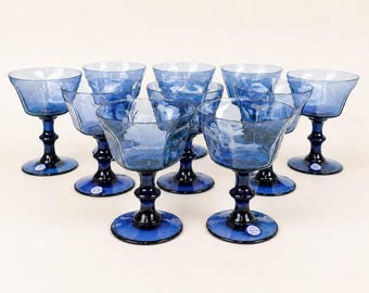 Vintage Lenox Antique Blue Hand-Blown Crystal Stemware Set of 10, MCM Cobalt Blue Glasses