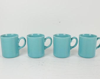 Vintage Teal Coffee Mugs - Mid Century Ridged Ceramic Set of 4