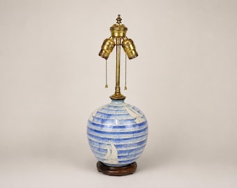 Vintage Studio Pottery Sailboat Lamp, Mid Century Blue Striped Ceramic Coastal Light