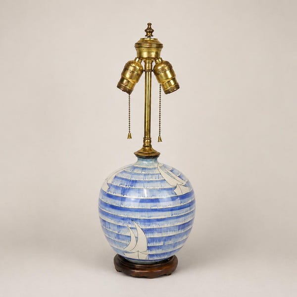 Vintage Studio Pottery Sailboat Lamp, Mid Century Blue Striped Ceramic Coastal Light