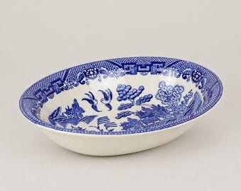 Vintage Occupied Japan Blue Willow Serving Bowl, Blue and White Oval Dish, Chinoiserie Transferware, English Country Decor
