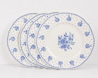 Set of 4 Grindley England Creampetal Dinner Plates, Blue Floral Transferware (10" Diameter)