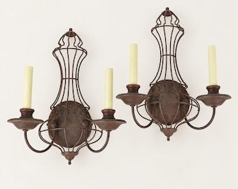 Pair Quoizel Laila Wall Sconces, Salvaged Rustic Metal Lighting, French Country Candle Style