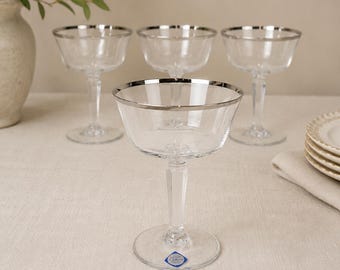 Lenox Solitaire Champagne Coupes Set of 4, Platinum Rim Crystal Glasses, Vintage Lenox Stemware
