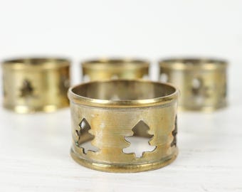 Set of 4 Gold Christmas Tree Napkin Rings for Holiday Table Setting, Brass Napkin Rings