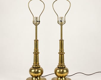 Vintage Stiffel Brass Table Lamps Pair, 24 Inch Neoclassical Column Lamps, Mid Century Brass Lighting