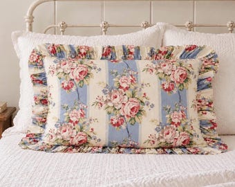 Vintage Ethan Allen Chintz King Pillow Sham: Blue Stripe Floral Ruffled Cottage Bedding