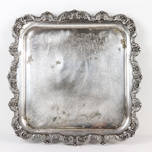 Vintage Poole Silver Co. Silverplate over Copper Ornate Footed Tray – Engraved Square Serving Platter