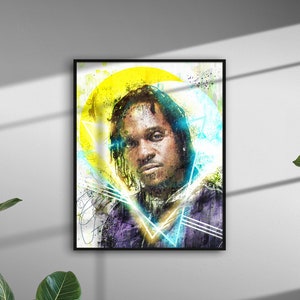 May include: A framed art print featuring a stylized portrait. The artwork uses a watercolor effect with a color palette of purple, yellow, and blue. The subject has dreadlocks and is set against a yellow and blue geometric background.
