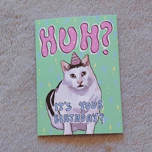 Op de afbeelding: Een verjaardagskaart met een witte kat die een roze feestmuts draagt. De kaart heeft een groene achtergrond met gele confetti en de tekst "HUH? Is het je verjaardag?" in roze en blauwe letters.