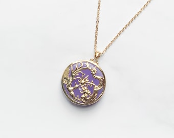 Genuine Purple and Green Jade Dragon and Phoenix Circle Necklace
