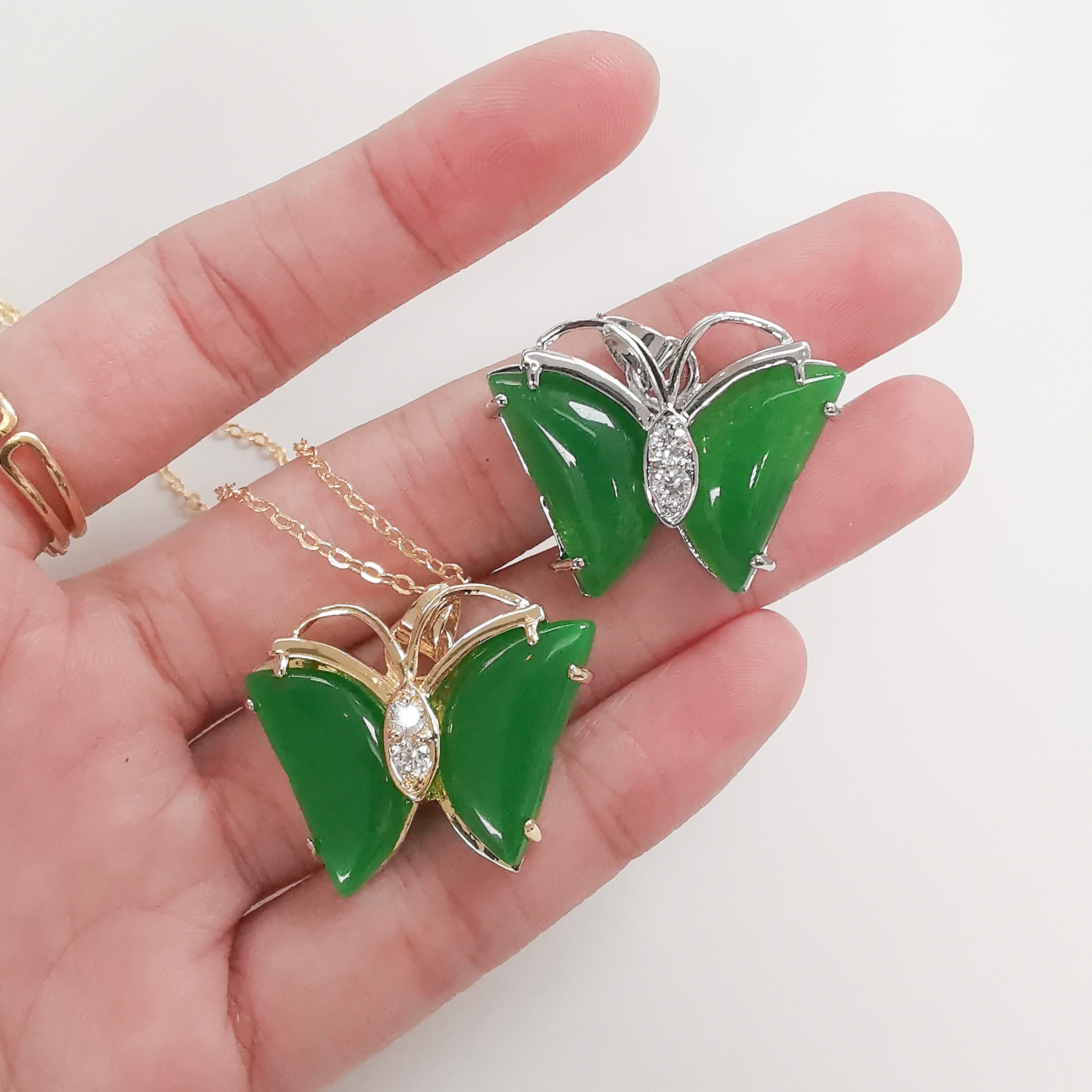 Green Jade Butterfly Pendant 18K Gold Plated Necklace Etsy