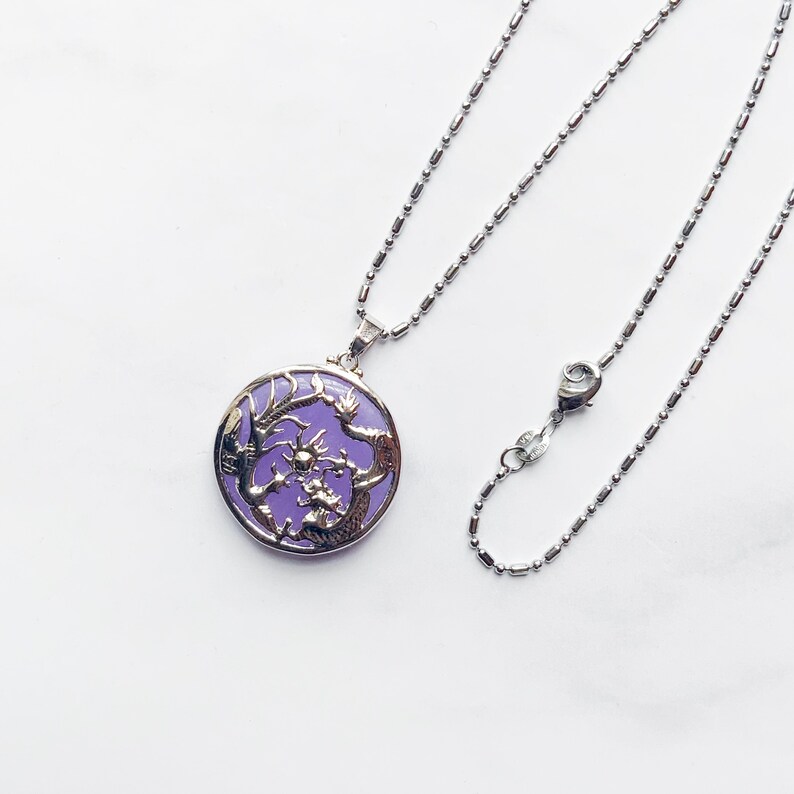 Genuine Purple and Green Jade Dragon and Phoenix Circle Necklace