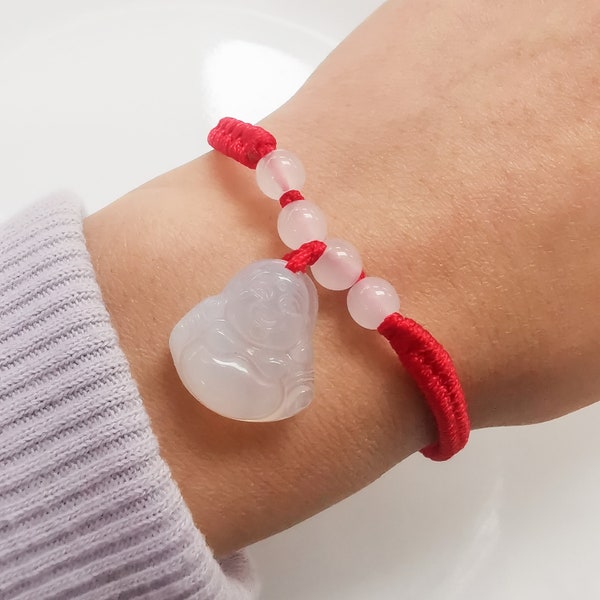 Natural Ice Jade Carved Buddha Red String Lucky Bracelet, Happy Buddha Jade Bracelet for Prosperity and Protection