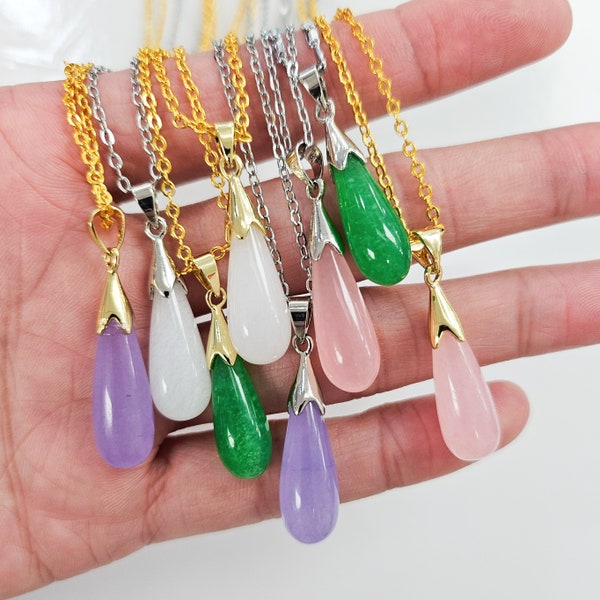 Simple Green, Purple, White, or Pink Jade Teardrop Necklace