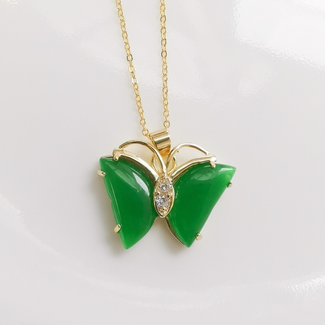 Green Jade Butterfly Pendant 18K Gold Plated Large Necklace Etsy
