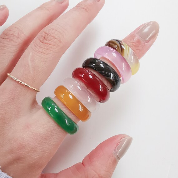 Real Natural Agate /Gem Stone Ring Bands 6mm Wide 15 Sizes/14 Colors Unisex Midi 