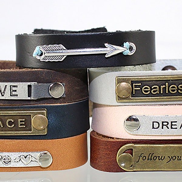 Inspirational Leather Charm Bracelet in 7 different colors and 10 different choices of charms for women and kids