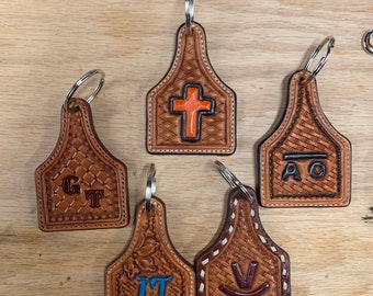 Handmade Leather Ear Tag Key Chains Personalized With Your