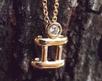 Gold Gemini pendant, 14k solid gold zodiac necklace, unique zodiac pendant with zircon stone, Gemini gold charm,Diamond gemini charm