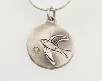 Swallow Sterling Silver Pendant with Zircon Stone, Bird Necklace