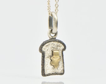 Bread and butter necklace, silver and 9k gold bread pendant , gold butter on bread charm, silver charm with necklace, unique food charm