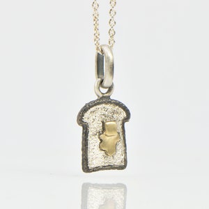 Bread and butter necklace, silver and 9k gold bread pendant , gold butter on bread charm, silver charm with necklace, unique food charm