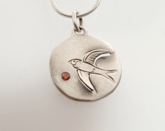 Sterling Silver Swallow Pendant with Zircon Stone, Bird Necklace
