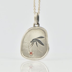 Mosquito jewelry ,silver charm with stone, fossil charm, sterling silver animal necklace, mosquito bite art, insect pendant charm, unique