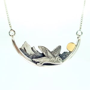 Flying Owl silver necklace, silver and 9k gold owl in the forest, unique handmade necklace of night owl