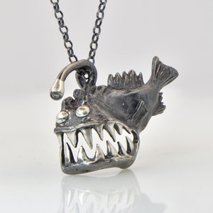 Angler fish silver necklace, sterling silver pendant , silver with zircon stone, anglerfish charm, unique fish jewelry, big silver chain