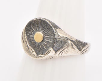 Silver Panoramic Mountain Ring with 9K Gold Sun in the center