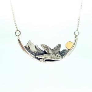 Owl in the forest necklace, silver and 9k gold