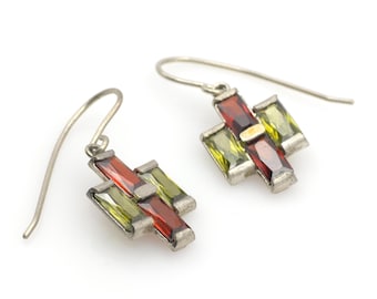 Silver Dangle Earrings with Red and Green CZ Stones