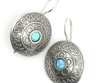 Domed Silver Earrings with Tribal Geometric Design and Synthetic Opal