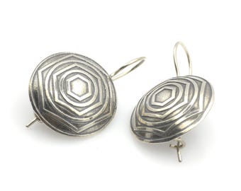 Large Silver Drop Earrings with Hexagonal Spiral Pattern and Oxidized Finish
