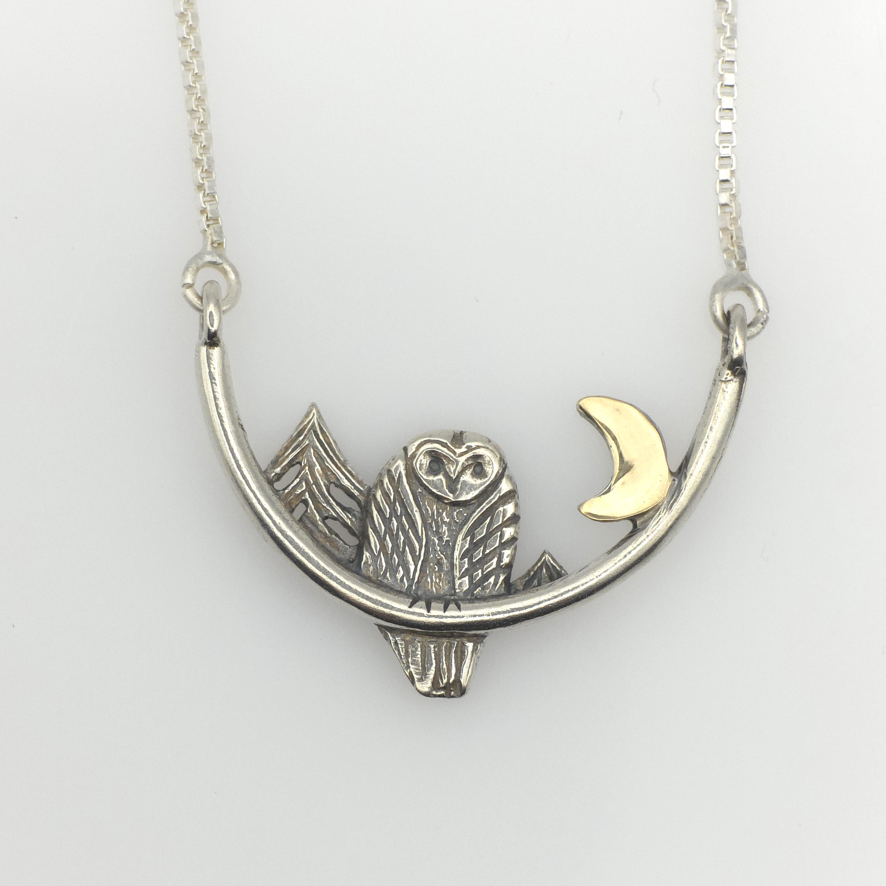 Night Owl silver necklace, silver and 9k gold owl in the forest at night , unique handmade necklace of night owl with 9k moon