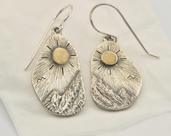 Mountain Sun silver earrings with 9k gold