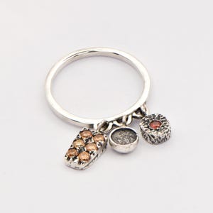 Sterling Silver Sushi Ring with Dangling Salmon Nigiri, Soy Dish & Roll Charms