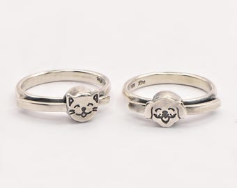 Sliding Cat or Dog Head Ring in 925 Sterling Silver