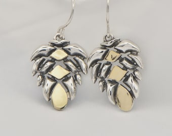 Pine Cone Earrings, Sterling Silver & 9K Gold Earrings