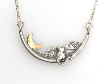 Silver Cat & 9K Gold Moon Necklace – Rooftop Night Scene