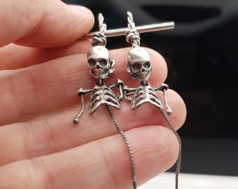 Hanging skeleton earrings in 925 silver memento mori art earrings