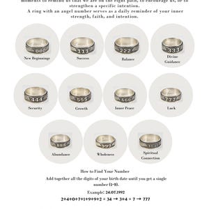 May include: A collection of silver-toned metal rings, each engraved with a unique three-digit or four-digit number ranging from 000 to 11:11. The rings feature a textured band design and are displayed with labels describing their meanings.