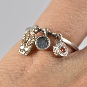 Sterling Silver Sushi Ring with Dangling Salmon Nigiri, Soy Dish & Roll Charms
