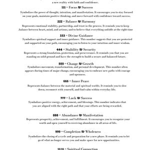 May include: A black and white informational print titled ANGEL NUMBERS, listing sequences from 000 to 11:11 with descriptive meanings for each. The text is organized in a vertical list format, featuring small wing icons at the top and the Banduk Roe Press logo at the bottom.